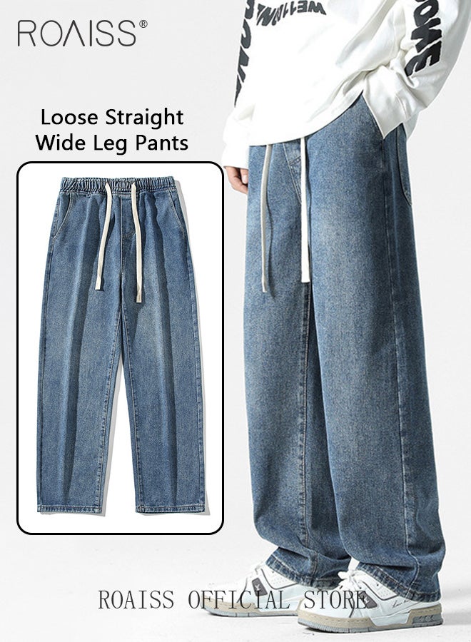 Straight Leg Loose Fit Jeans for Men Elastic Waist Drawstring Jeans for Male Retro Distressed Washed Denim Trousers Mens Casual Cargo Pants High Street Style