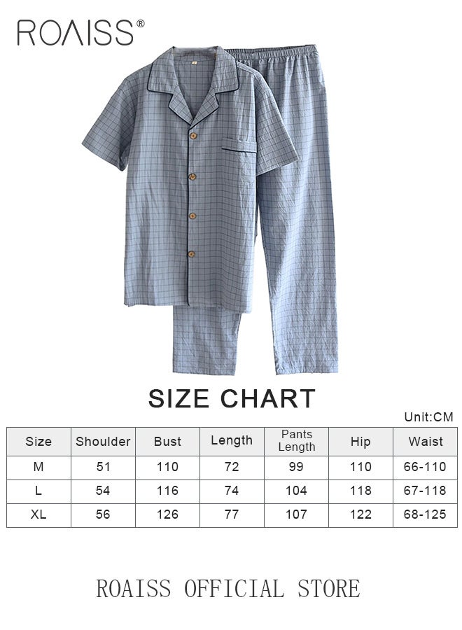 2-Piece Pajama Set Men's Cotton Short Sleeved T-Shirt Long Pants Sets Checkered Print Pattern Sleepwear Nightgown Male Loose Spring Summer Thin Loungewear Home Clothes