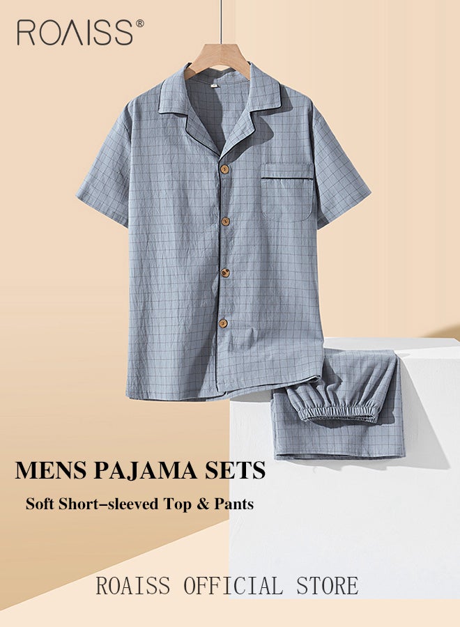 2-Piece Pajama Set Men's Cotton Short Sleeved T-Shirt Long Pants Sets Checkered Print Pattern Sleepwear Nightgown Male Loose Spring Summer Thin Loungewear Home Clothes