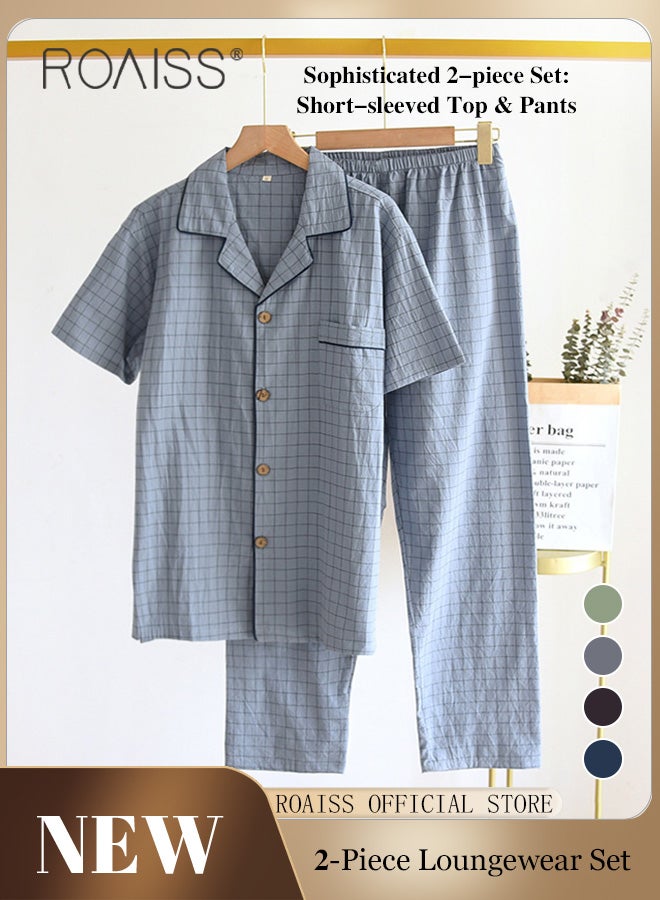 2-Piece Pajama Set Men's Cotton Short Sleeved T-Shirt Long Pants Sets Checkered Print Pattern Sleepwear Nightgown Male Loose Spring Summer Thin Loungewear Home Clothes