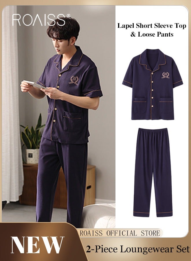 2-Piece Pajama Set Men's Cotton Short Sleeved Lapel Collar T-Shirt Long Pants Sets Solid Color Sleepwear Nightgown Male Loose Spring Summer Thin Loungewear Home Clothes