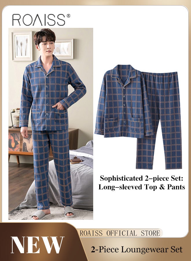 2-Piece Pajama Set Men's Cotton Long Sleeve T-Shirt Long Pants Sets Checkered Print Pattern Sleepwear Nightgown Male Loose Spring Summer Thin Loungewear Home Clothes