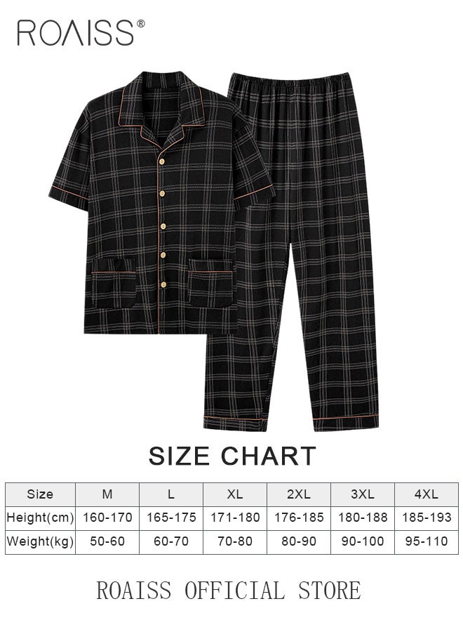 2-Piece Pajama Set Men's Cotton Short-Sleeved T-Shirt Long Pants Sets Grid Pattern Sleepwear Nightgown Male Loose Spring Summer Thin Loungewear Home Clothes
