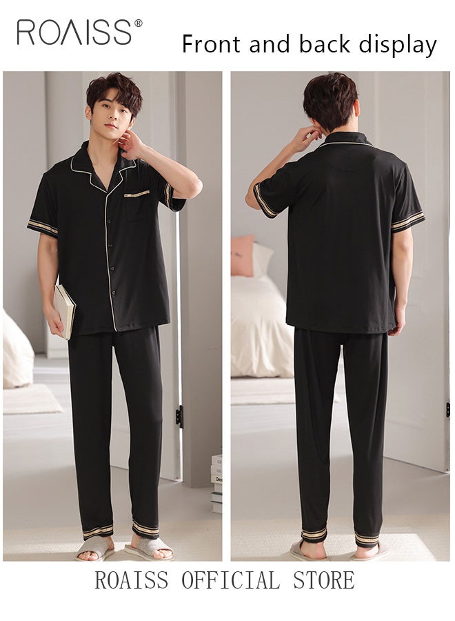 2-Piece Pajama Set Men's Cotton Short Sleeved T-Shirt Long Pants Sets Solid Color Sleepwear Nightgown Male Loose Spring Summer Thin Loungewear Home Clothes