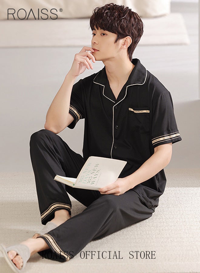 2-Piece Pajama Set Men's Cotton Short Sleeved T-Shirt Long Pants Sets Solid Color Sleepwear Nightgown Male Loose Spring Summer Thin Loungewear Home Clothes