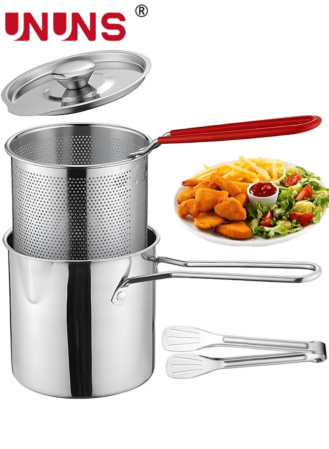 Deep Fryer Pot,1.2L 304 Stainless Steel Japanese Style Fryer Pan With Oil Filter Mesh,Lid And Clip,Non Stick Fryer Uniform Heating For General Purpose Gas Stove,4PCS