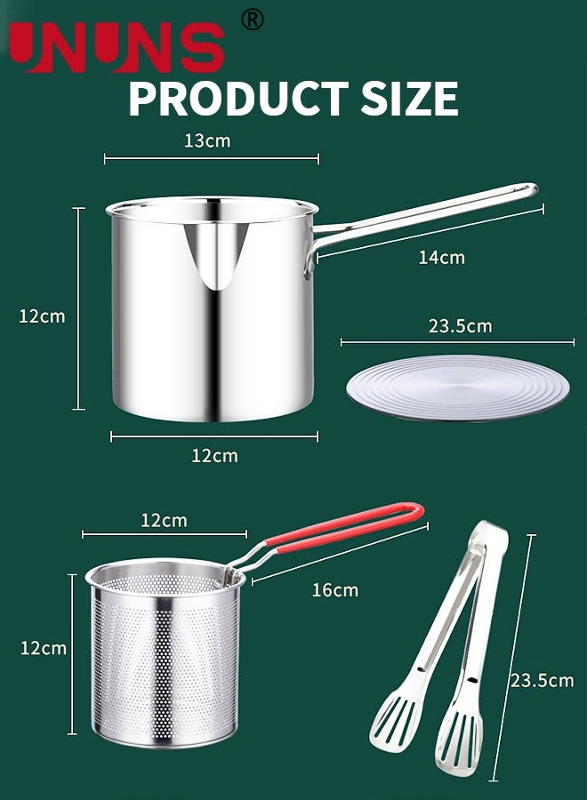 Deep Fryer Pot,1.2L 304 Stainless Steel Japanese Style Fryer Pan With Oil Filter Mesh,Lid And Clip,Non Stick Fryer Uniform Heating For General Purpose Gas Stove,4PCS