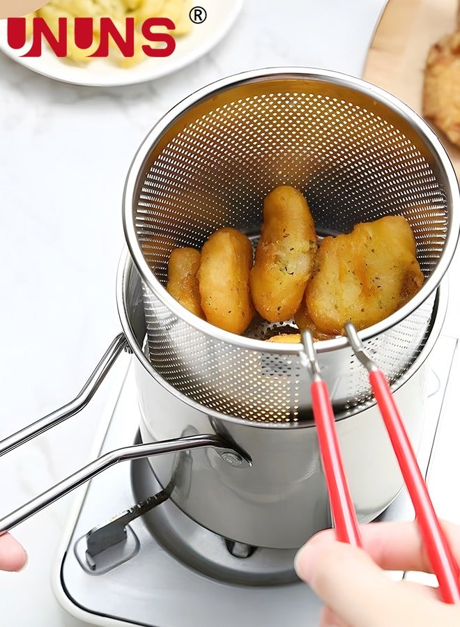 Deep Fryer Pot,1.2L 304 Stainless Steel Japanese Style Fryer Pan With Oil Filter Mesh,Lid And Clip,Non Stick Fryer Uniform Heating For General Purpose Gas Stove,4PCS