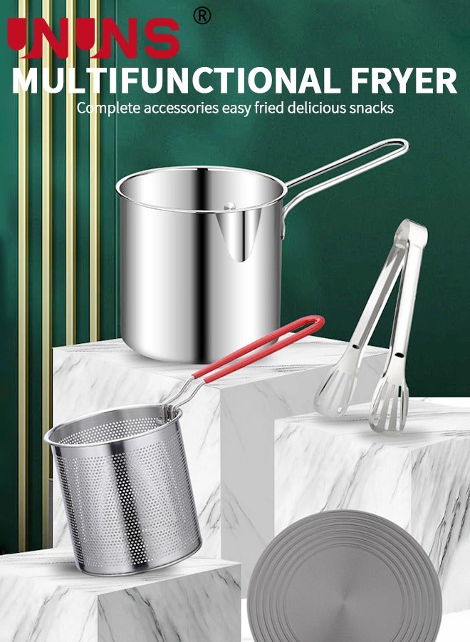 Deep Fryer Pot,1.2L 304 Stainless Steel Japanese Style Fryer Pan With Oil Filter Mesh,Lid And Clip,Non Stick Fryer Uniform Heating For General Purpose Gas Stove,4PCS
