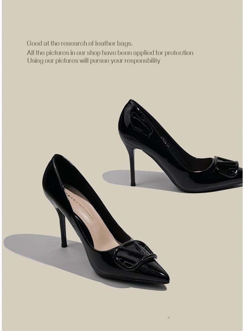 Temperament V Buckle Pointed Patent Leather 7CM Fine Heeled High Heels