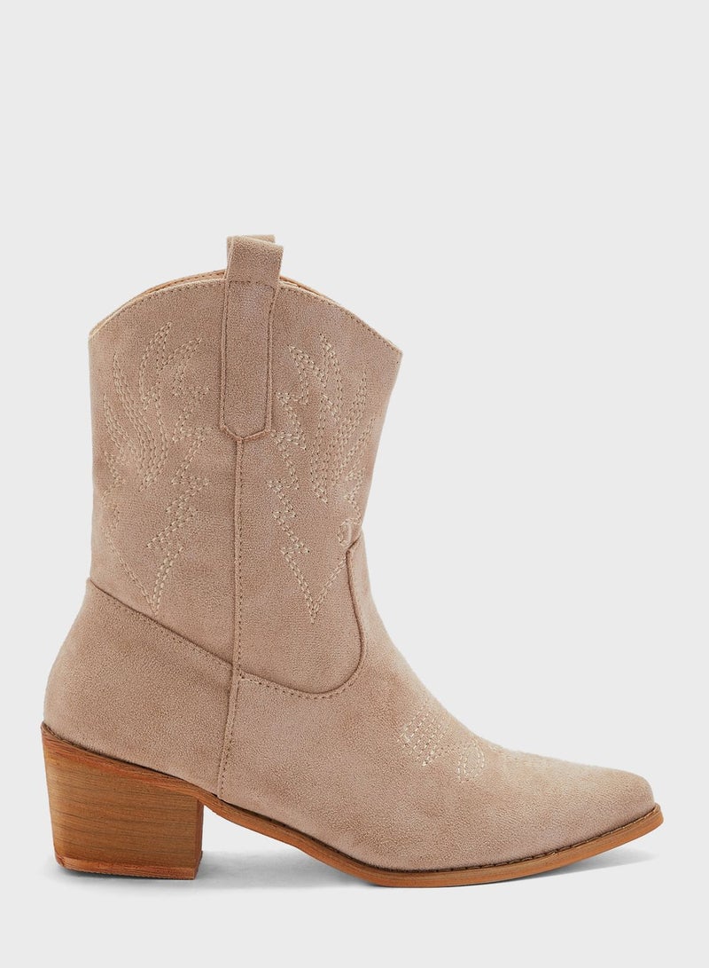 Embroidered Suede Cowboy Ankle Boots