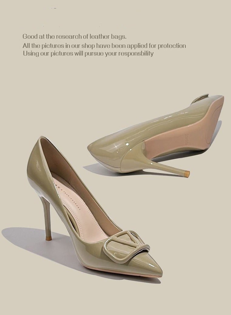Temperament V Buckle Pointed Patent Leather 7CM Fine Heeled High Heels