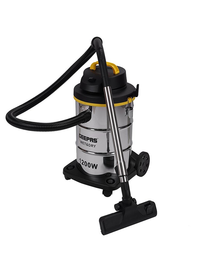 Wet and Dry Vacuum Cleaner | 1200W Stainless Steel Drum Tank with Powerful Copper Motor |Comfortable Handle, Rolling wheels with Easy Parking Nozzle & Dust Full Indicator 23 L 1200 W GVC19012 Silver/Black/Yellow