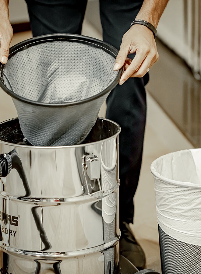 Wet and Dry Vacuum Cleaner | 1200W Stainless Steel Drum Tank with Powerful Copper Motor |Comfortable Handle, Rolling wheels with Easy Parking Nozzle & Dust Full Indicator 23 L 1200 W GVC19012 Silver/Black/Yellow