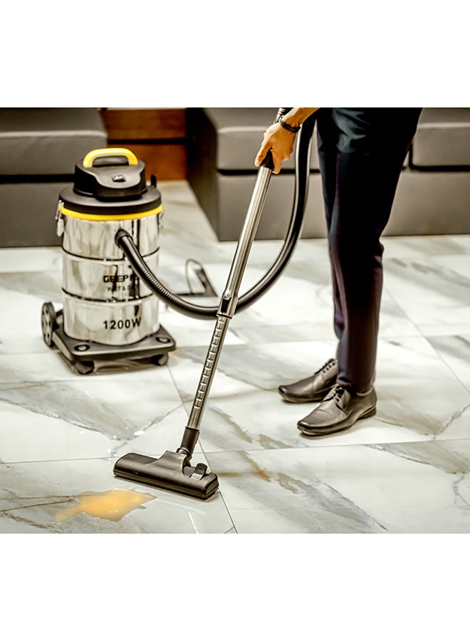 Wet and Dry Vacuum Cleaner | 1200W Stainless Steel Drum Tank with Powerful Copper Motor |Comfortable Handle, Rolling wheels with Easy Parking Nozzle & Dust Full Indicator 23 L 1200 W GVC19012 Silver/Black/Yellow