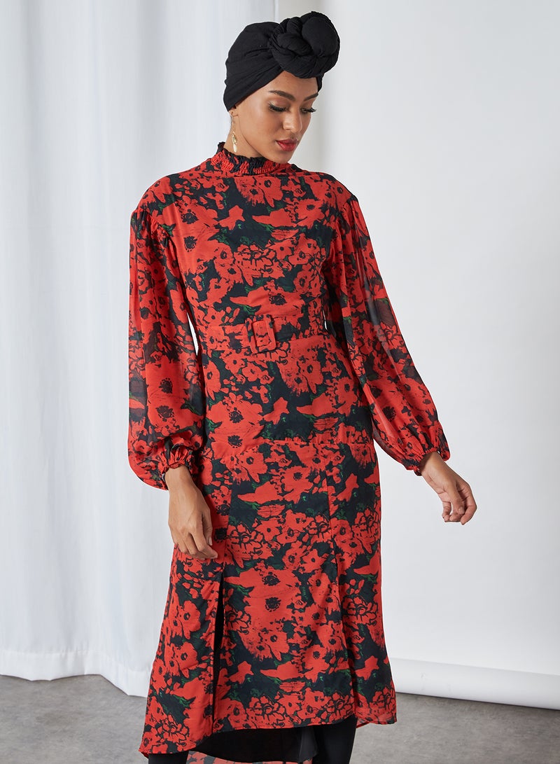 Floral Belted Dress Black and Red