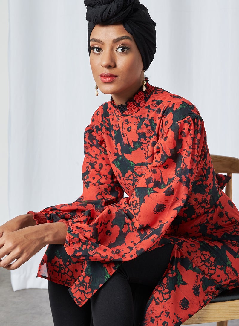 Floral Belted Dress Black and Red