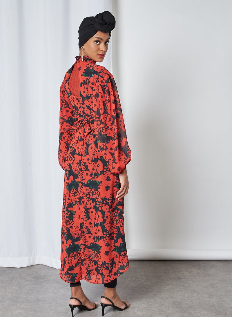 Floral Belted Dress Black and Red