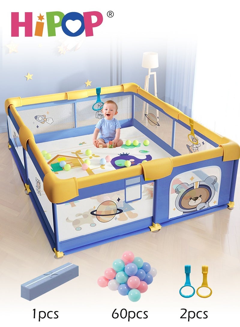Playpen for Baby 180*200cm,Kids Play Mat Set,with 60 Sea Balls,Firm Suction Cup and Structure,Cartoon Play Game Fence for Kids Safe