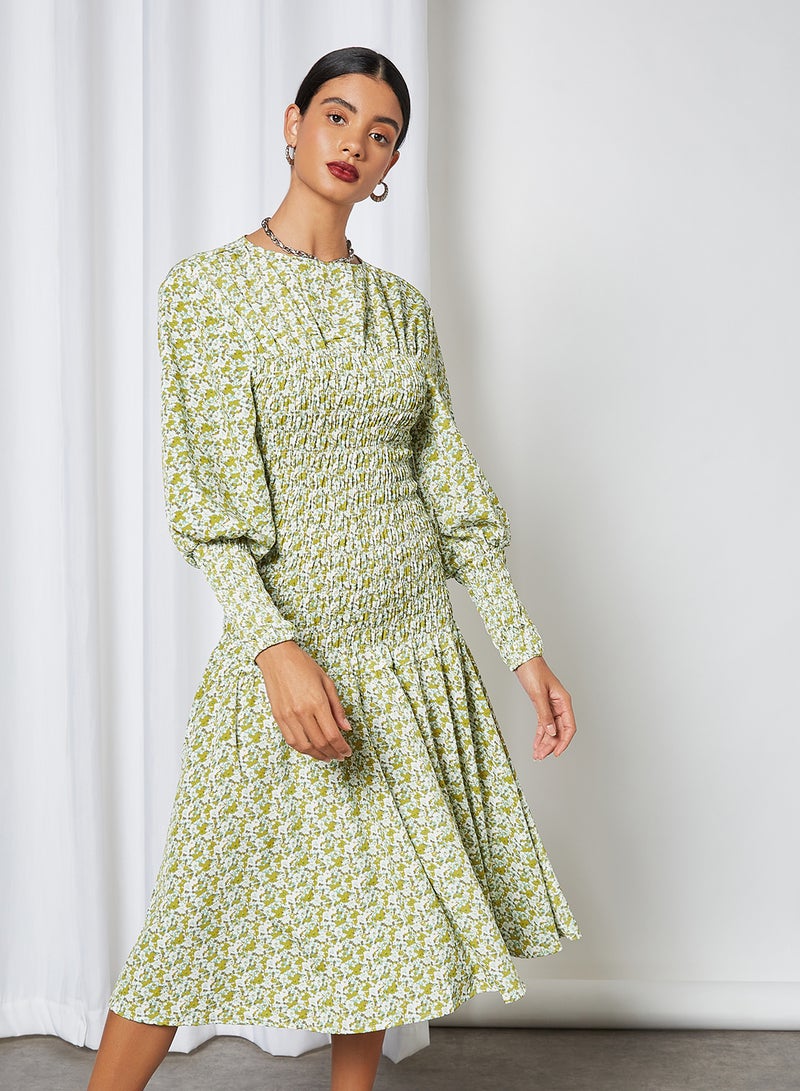 All Over Patterned Smocked Dress Green