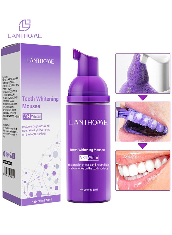 Purple Teeth Whitening Mousse, Dental Color Corrector Foam, Yellow Stain Removal for Teeth, Purple Toothpaste for Teeth Whitening, Teeth Whitening Kit for Sensitive Teeth 50ML