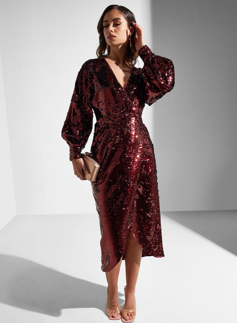 Plunge Neck Sequin Detail Dress