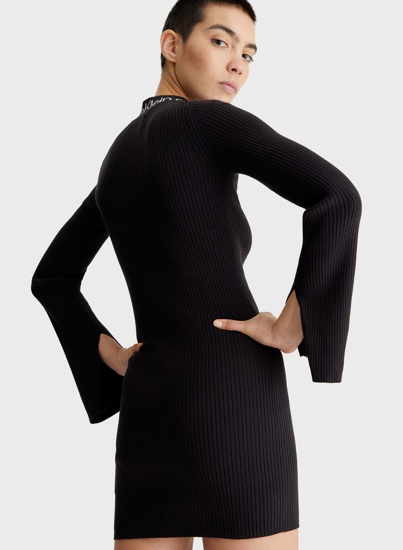 High Neck Ribbed Knitted Dress