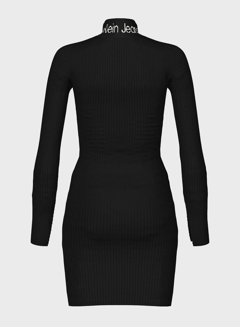 High Neck Ribbed Knitted Dress