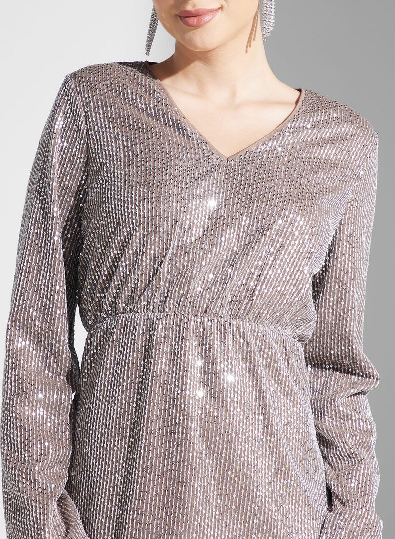V-Neck Sequin Detail Dress