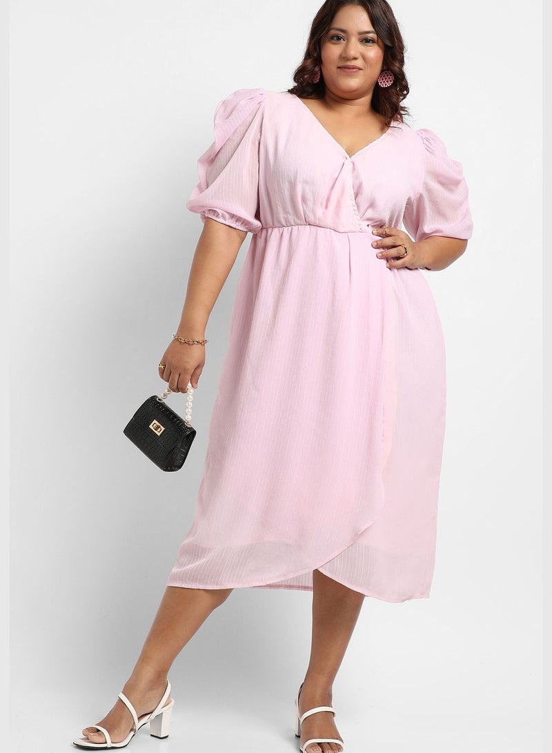 Solid V Neck Puff Sleeve Dress