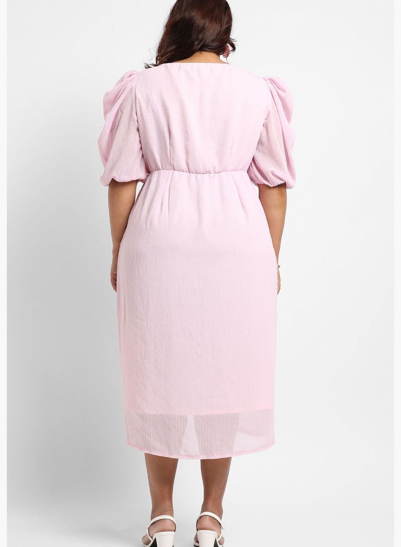 Solid V Neck Puff Sleeve Dress