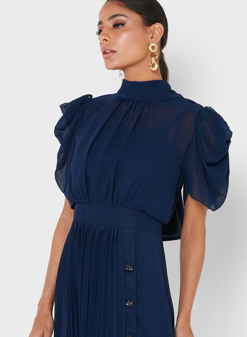 Pleated Tie-Up Dress