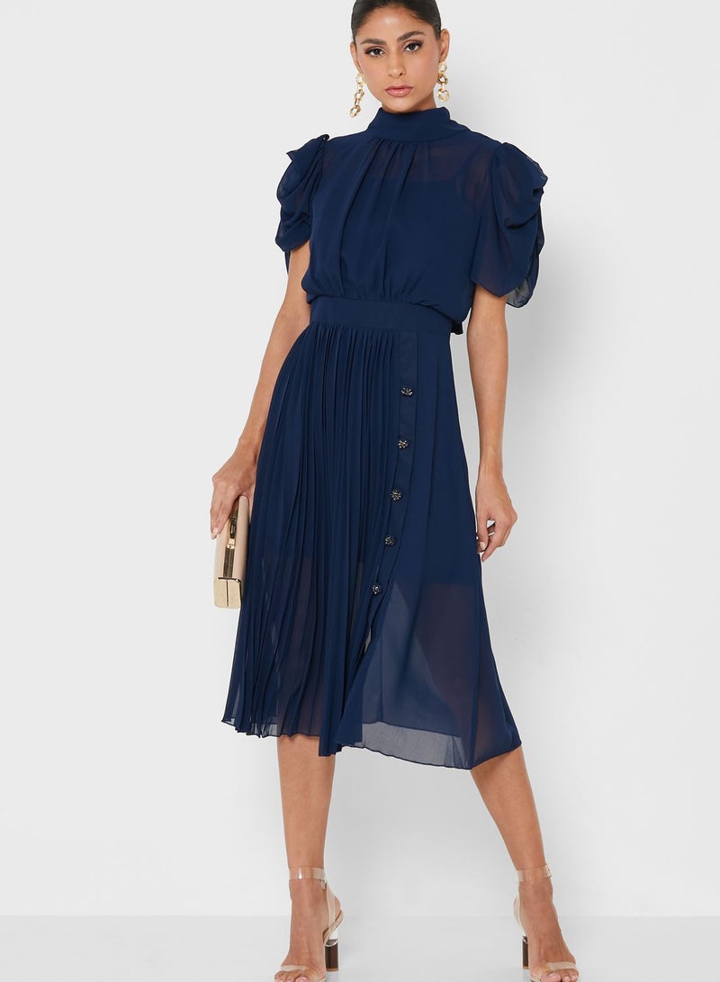 Pleated Tie-Up Dress