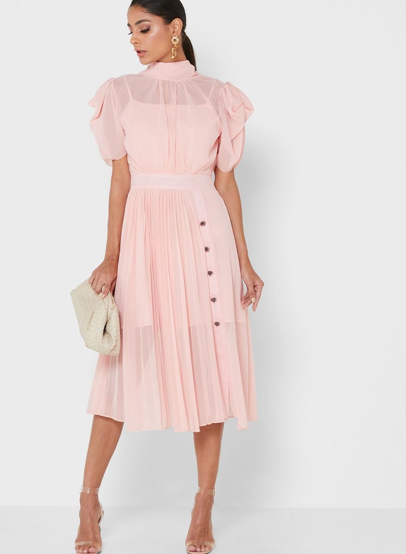 Pleated Tie-Up Dress