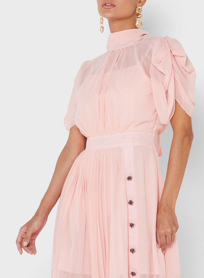 Pleated Tie-Up Dress