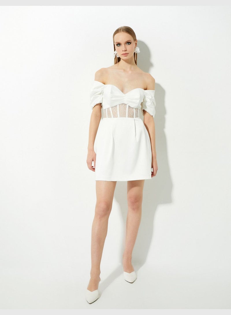 Corset Detail Off the Shoulder Bridal Mini Dress