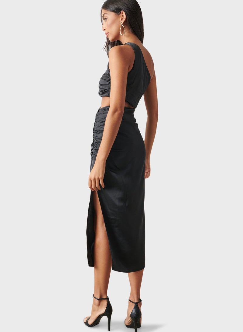 One Shoulder Cut Out Side Slit Ruched Dress