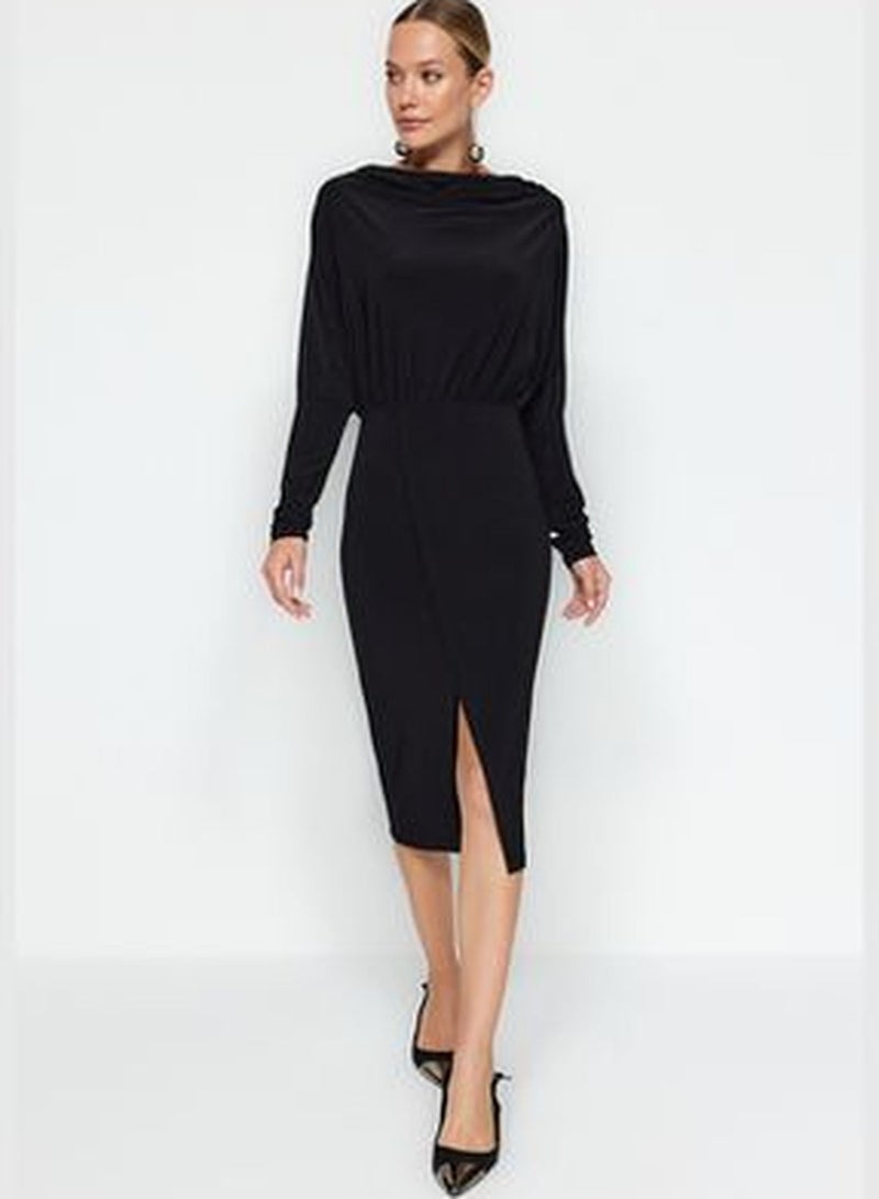 Black Knitted Collar Fitted Maxi Dress TWOAW24EL00822.