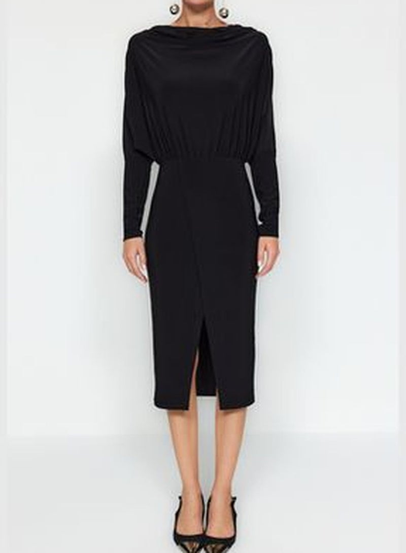 Black Knitted Collar Fitted Maxi Dress TWOAW24EL00822.
