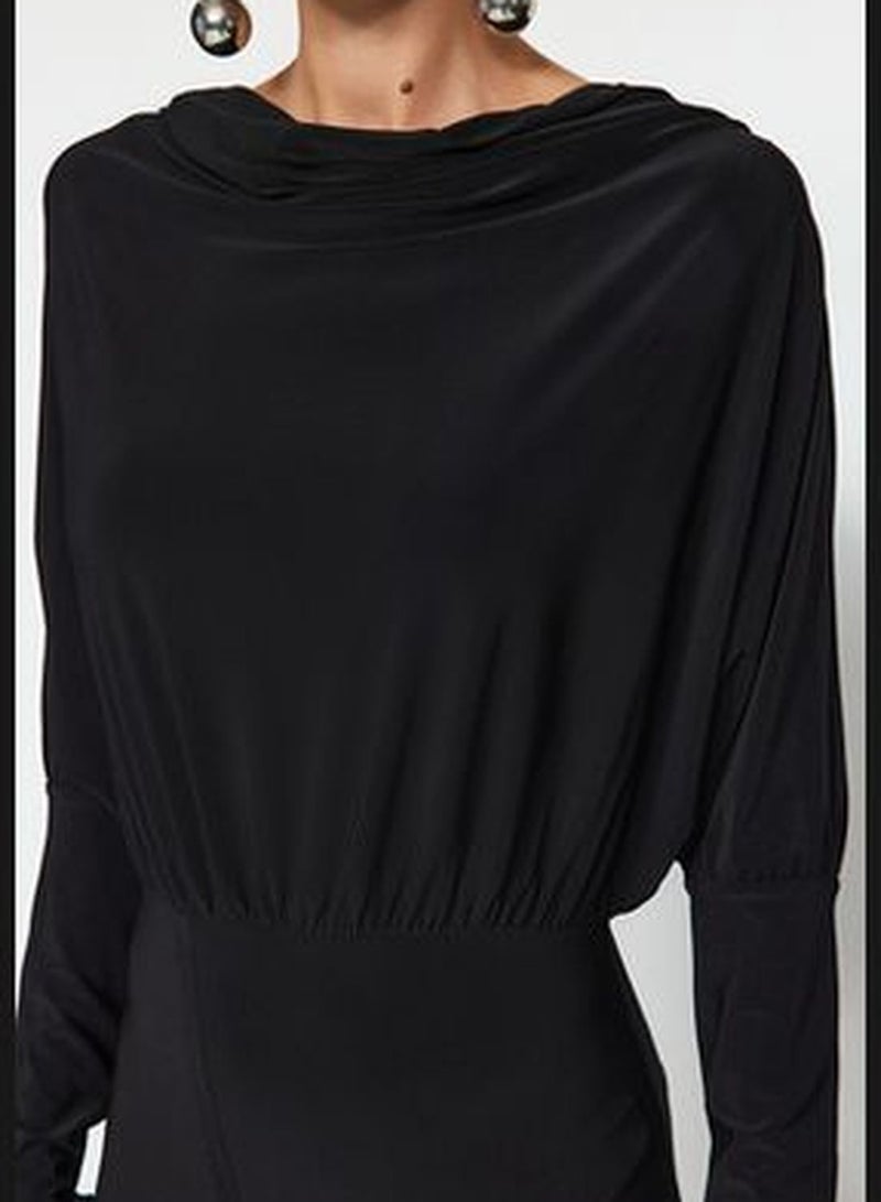 Black Knitted Collar Fitted Maxi Dress TWOAW24EL00822.