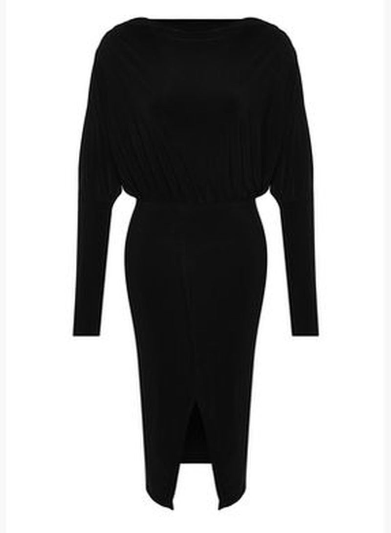 Black Knitted Collar Fitted Maxi Dress TWOAW24EL00822.