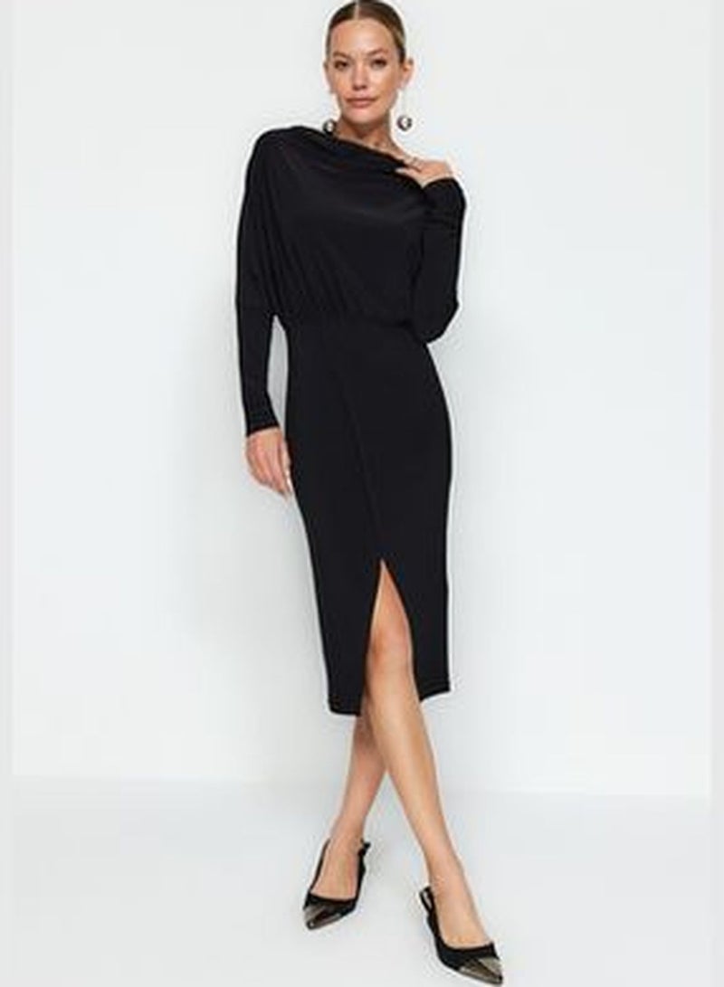 Black Knitted Collar Fitted Maxi Dress TWOAW24EL00822.