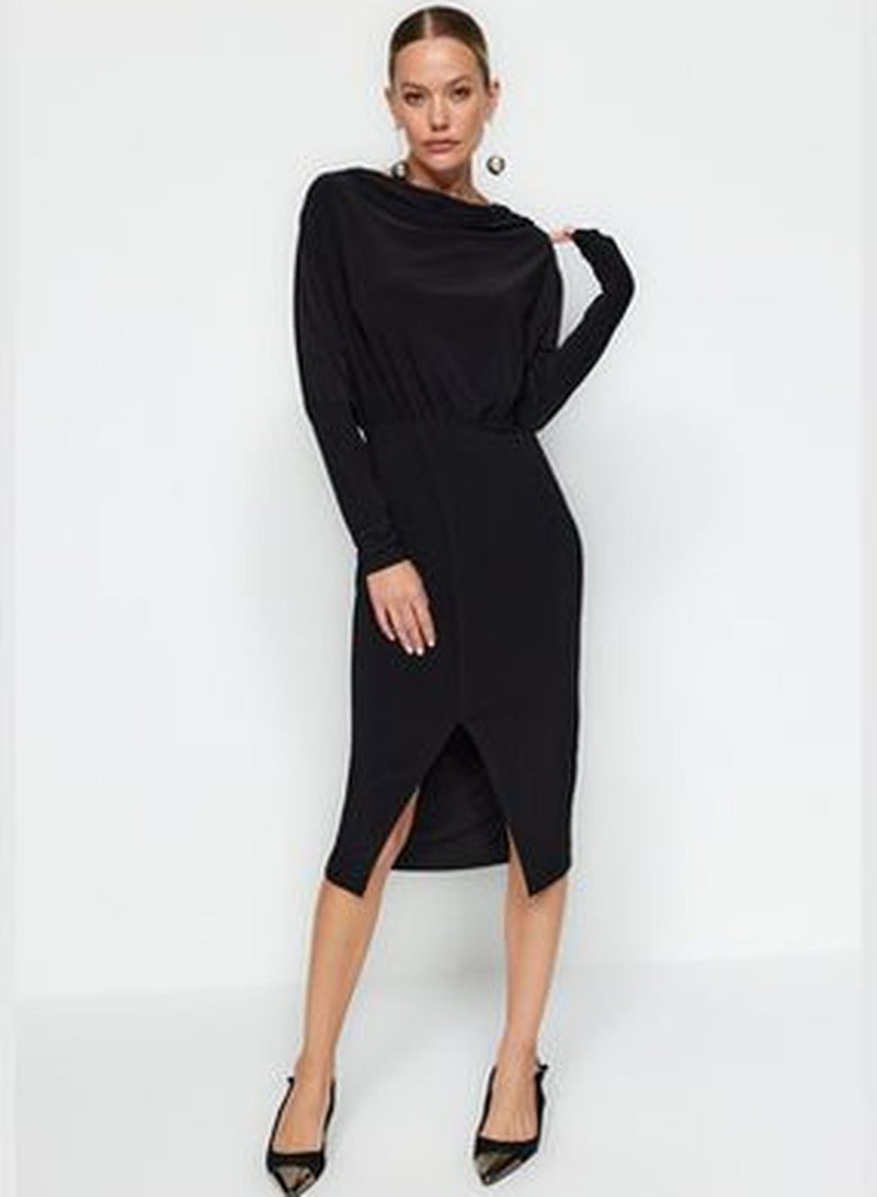 Black Knitted Collar Fitted Maxi Dress TWOAW24EL00822.