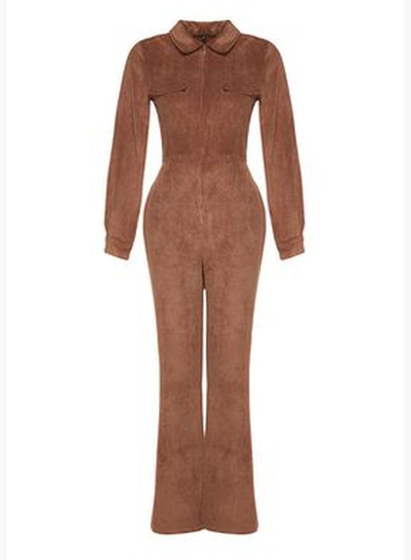 Brown Velvet Woven Jumpsuit TWOAW24TU00032