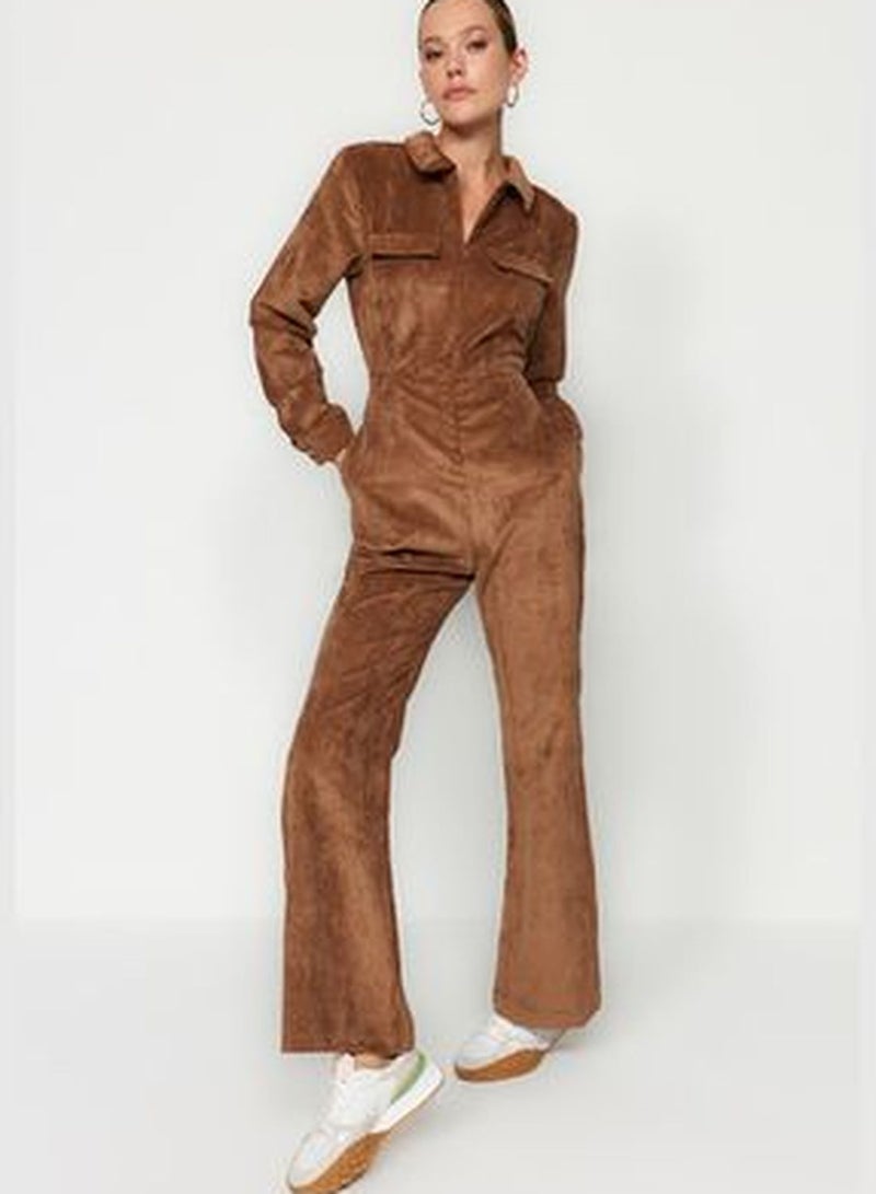 Brown Velvet Woven Jumpsuit TWOAW24TU00032