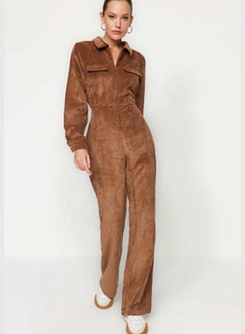 Brown Velvet Woven Jumpsuit TWOAW24TU00032