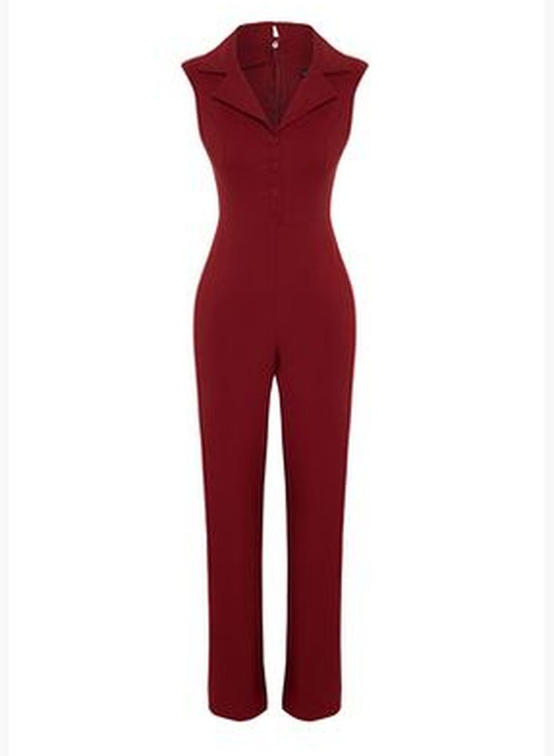 Burgundy Woven Jacket Collar Jumpsuit TWOSS23TU00130