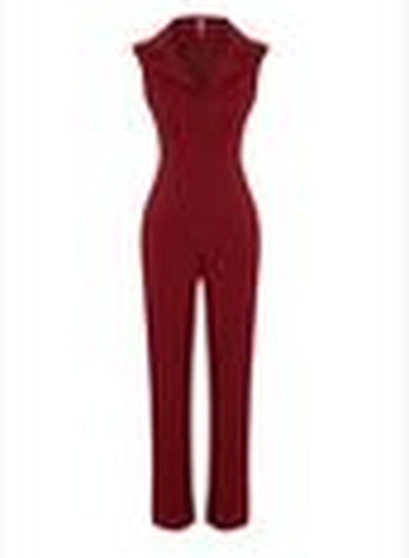 Burgundy Woven Jacket Collar Jumpsuit TWOSS23TU00130