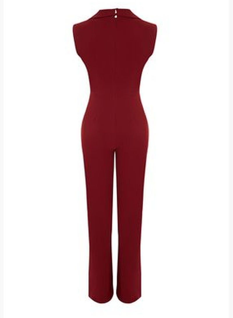 Burgundy Woven Jacket Collar Jumpsuit TWOSS23TU00130