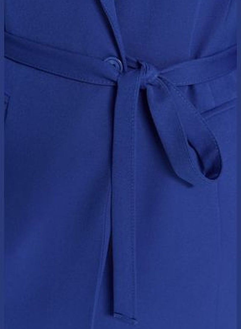 Blue Lacing Detailed Crepe Jacket-Pants Woven Bottom-Top Set TCTSS23US00044